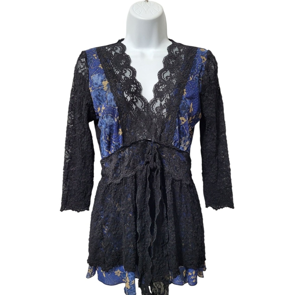Just Living Womens Size 4 Black Lace Floral Boho Blouse Tie 3/4 Sleeve USA